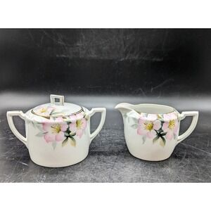 Antique Nippon Hand Painted Pink Azalea Sugar Bowl w/ Lid & Creamer Flower